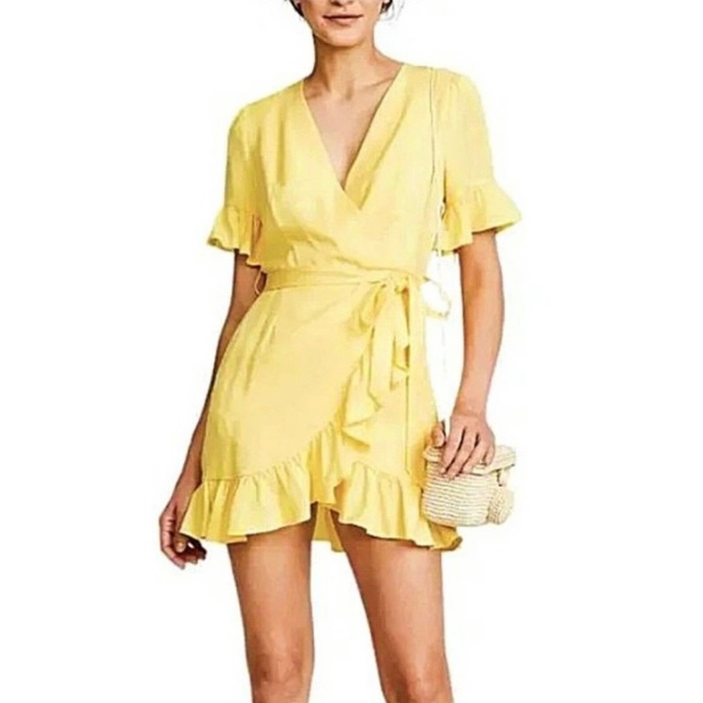 Brand New Line & Dot Yellow Cherie Faux Wrap Dress - Size XS